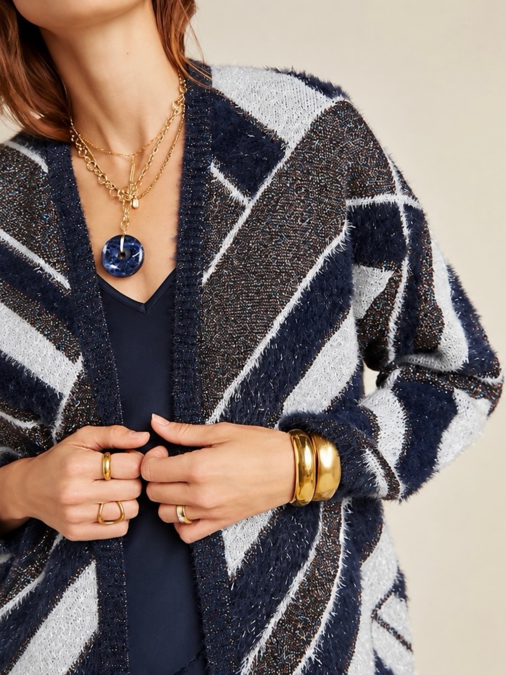 Heartloom Anthropologie Fuzzy Metallic Striped Open Front Cardigan Navy L